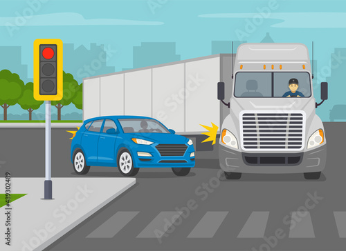 Safety driving and traffic regulation rules. Big american semi-truck turning right on a city crossroad. Blue suv car trying to overtake the truck. Flat vector illustration template.