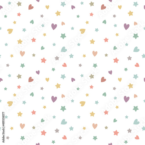 Kids boho pastel pattern with stars, hearts. Baby boho background. Nursery wall art, baby textile, printable paper. Isolated on white background.