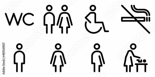 Toilet line icon set. WC sign. Men,women,mother with baby and handicap symbol. Restroom for male, female, transgender, disabled. Vector graphics