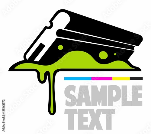 Silk screen printing vector logo template, squeegee, rubber blade with paints.