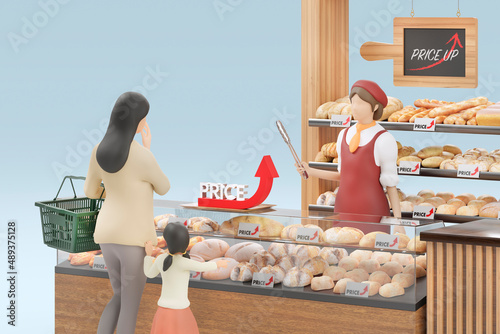 商品が値上げされたパン売り場で買い物する母娘 / 小麦価格高騰・食品値上げ・生活への影響のコンセプトイメージ / 3Dレンダリンググラフィックス