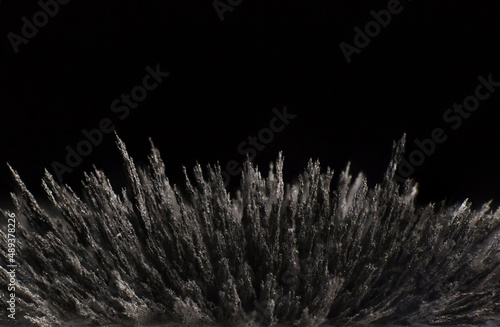 The reaction of iron dust to a magnetic field on a black background