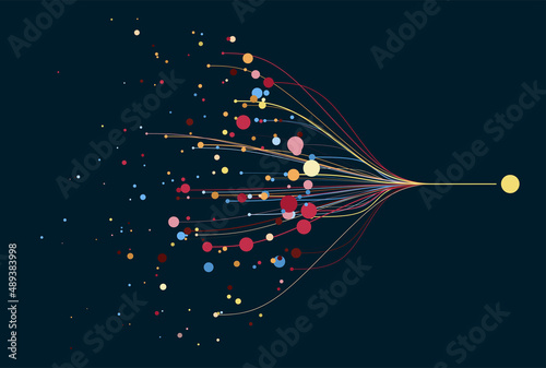 Abstractly arranged colored dots are connected by lines with sorted dots. Data concept.