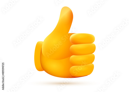 Vector illustration of yellow color thumb up emoticon on white background. 3d style design of approval emoji