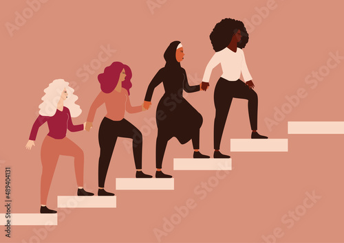 Group of strong women climbing highly on the stairs, hold hands and help each other. Females community with different ethnicity represent friendship, sisterhood. Women empowerment and equality concept