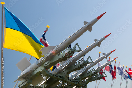 Flags of Ukraine, Russia and NATO and European Union countries. International relations and territorial policy.