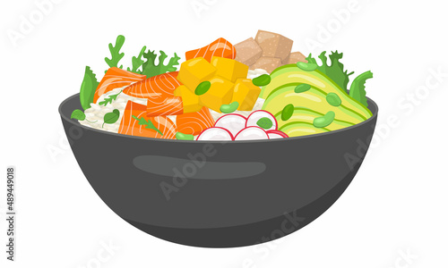 Vegetable and salmon poke bowl . Vector stock illustration isolated on white background for salad bar menu fast food restaurant with healthy, bio, organic meals. 