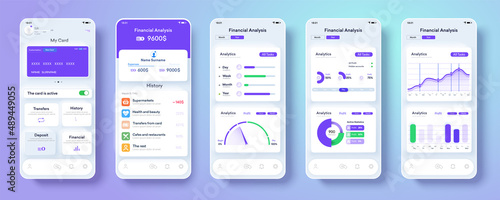 Neomorphism bank app interface design on smartphone screen. Online banking app concept design. UI, UX, GUI set with wallet. Diagrams, clean and simple app interface. Vector illustration