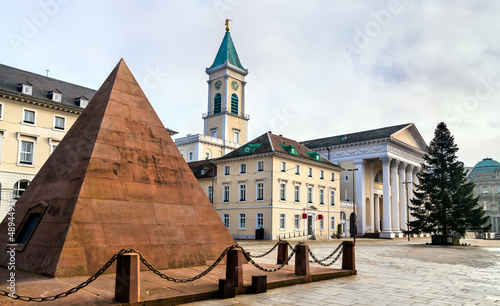 The Pyramid and the Evangelist Church on the Market square of Karlsruhe - Baden-Wurttemberg, Germany