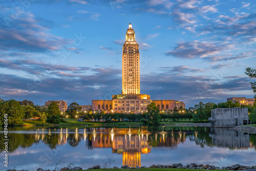 Illuminated Louisana State Capitol at Dusk