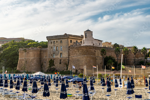 View of the Sangallo fortress from The beach of Nettuno Rome. View of defensive fortress in Neptune, Rome, Italy