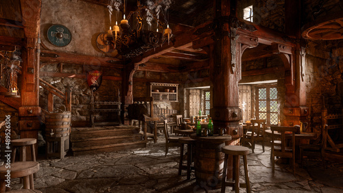 Dark moody medieval fantasy tavern inn bar with candles burning and daylight coming through windows. 3D rendering.