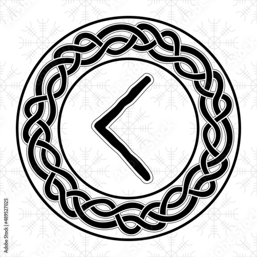 Rune Kenaz Kanu in a circle - an ancient Scandinavian symbol or sign, amulet. Viking writing. Hand drawn outline vector illustration for websites, games, engraving and print.