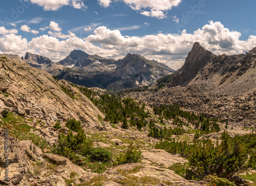 View of the mountains in the Big Sandy area of the Wind River Range with Temple Peak prominent in the center. Popo Agie Wilderness, Wind River Range, Wyoming