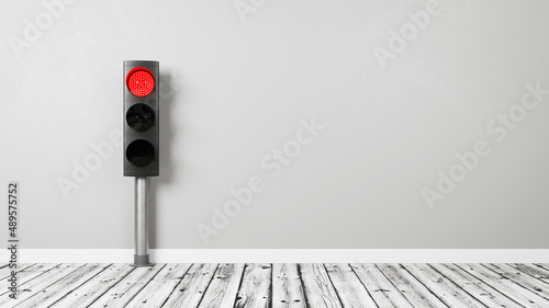 Red Traffic Light in the Room with Copy Space