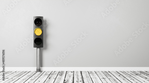 Yellow Traffic Light in the Room with Copy Space