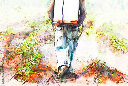 Digital painting and drawing of farmer spraying pesticide in the cassava field