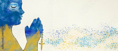 Prayer for peace for Ukraine. Watercolor concept banner