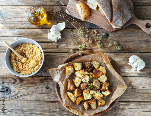 Croutons and bread crumbs with spices made with stale bread. Zero waste concept for cooking