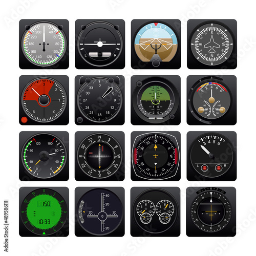 Aircraft indicators collection in detailed realistic style.