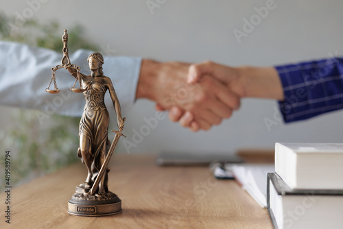 handshake of a female lawyer at a meeting with a male client in the office of the law office, legal advice online. resolution of disputes of the family code during divorce and division of property