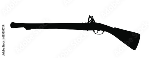 Old flintlock rifle vector silhouette illustration isolated on white background. Rustic vintage gun symbol. Ancient musket silhouette. Historical weapon, retro military arms. Eighteenth century period