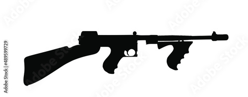 Thompson sub machine gun vector silhouette illustration isolated on white background. WW2 USA soldier rifle shape. Tommy gun, mafia boss weapon during prohibition battle symbol.