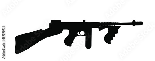 Thompson sub machine gun vector silhouette illustration isolated on white background. WW2 USA soldier rifle shape. Tommy gun, mafia boss weapon during prohibition battle symbol.