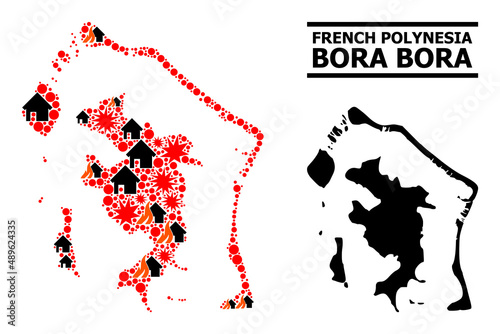 War mosaic vector map of Bora-Bora. Geographic mosaic map of Bora-Bora is done with randomized fire, destruction, bangs, burn realty, strikes. Vector flat illustration for peace purposes.