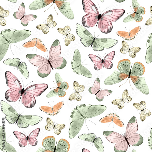 Seamless pattern with watercolor illustrated butterflies