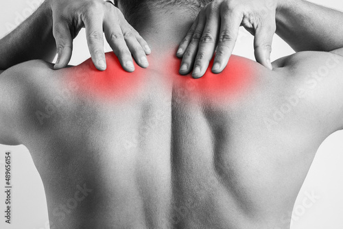 trapezius muscle pain, male body pain, shoulder muscle injury