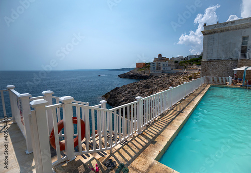 Santa Cesarea terme, Salento, Puglia, Italy. Stunning views over the coastal town. Villa Sticchi is distinguished by its Islamic architectural style. Viewpoint from the sulphurous thermal pool.