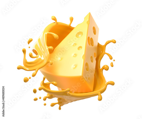 Cheese sauce splashing in the air with cheddar cheese, 3d rendering.