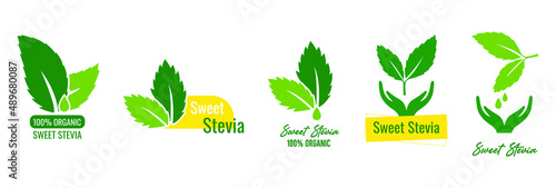 100% organic and natural stevia icon, logo set vector illustration 