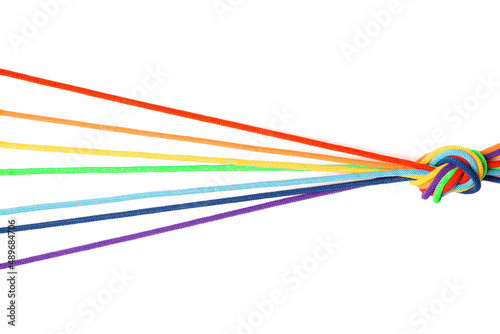 Rainbow colored cords knotted together isolated