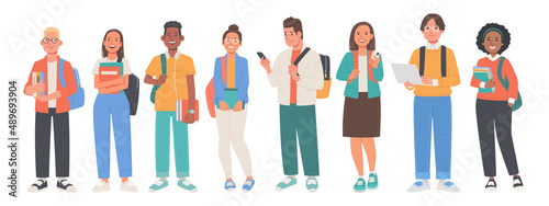 Set of teenagers characters. Guys and girls students hold books, smartphones and a laptop in their hands. Young multicultural people on a white background