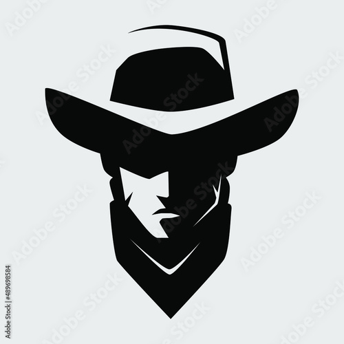 Cowboy outlaw portrait symbol on gray backdrop. Design element