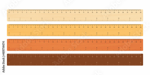 Vector illustration wooden tape rulers 30 cm and 12 inches isolated on white background. Set of realistic school wooden measuring rulers in flat style. Double sided measurement in centimeter and inch.