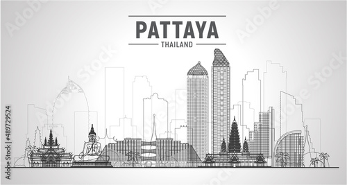 Pattaya ( Thailand ) skyline with panorama in white background. Vector Illustration. Business travel and tourism concept with modern buildings.