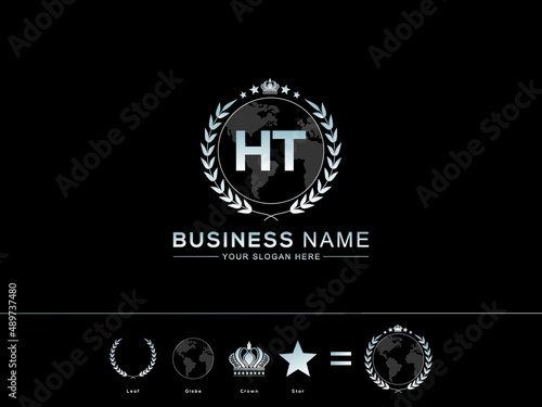 Simple HT Logo, Modern ht Letter Crown Logo Design Template Vector with circle Leaf Globe Royal Crown and Star Icon