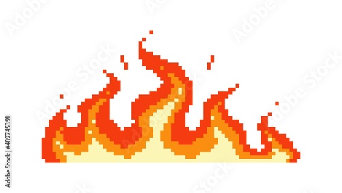 Big pixel flame. Wave napalm burning everything around fire with glowing yellow core red energy after powerful explosion with flying vector sparks.