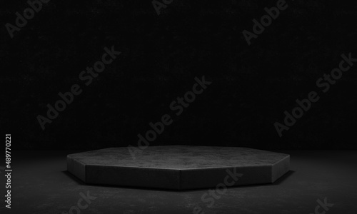 Black cement and concrete octagon stage podium with spotlight and dark grunge wall background. Abstract and object for advertising concept. 3D illustration rendering