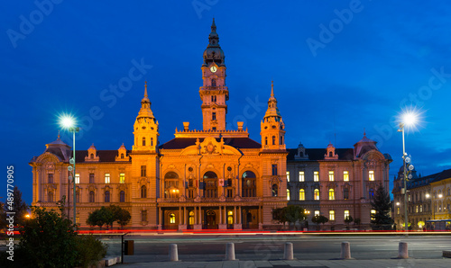 Illuminated building of Gyor City Hall in twilight, Hungary