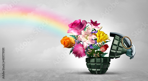 No War concept as a grenade weapon and flowers as a symbol for peace and hope as an unexploded bomb or disarmed explosive device