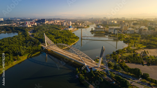 Aerial shots of Putrajaya Saujana bridge during sunrise