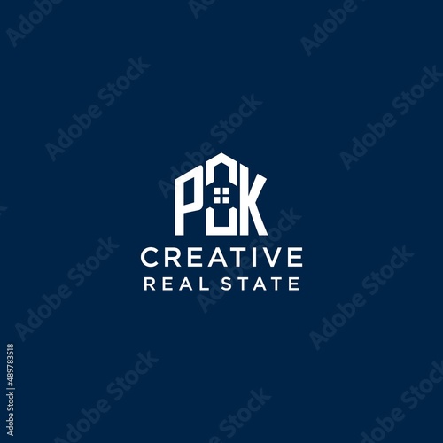 Initial letter PK monogram logo with abstract house shape, simple and modern real estate logo design