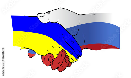 Handshake, hope for peace between Ukraine and Russia. Russian and Ukrainian flags background. Colored vector illustration.