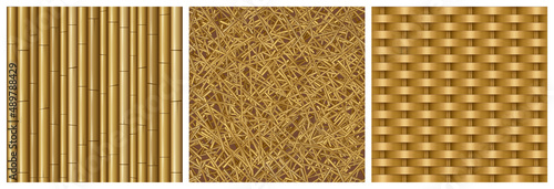 Game textures bamboo stems, straw and wicker seamless patterns. Realistic 3d tiles of natural materials rattan woven basket, dry grass and reed, textured design ui elements, Vector illustration set