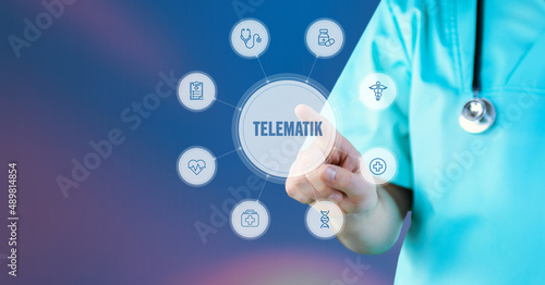 Telematik. Arzt zeigt auf digitales medizinisches Interface. Text umgeben von Icons, angeordnet im Kreis.