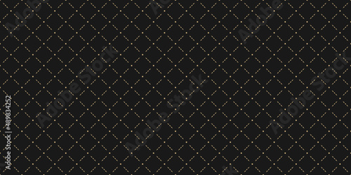 Vector golden abstract geometric seamless pattern in oriental style. Luxury minimal dark background. Simple graphic ornament. Elegant black and gold texture with diamonds, mesh, grid, lattice, net